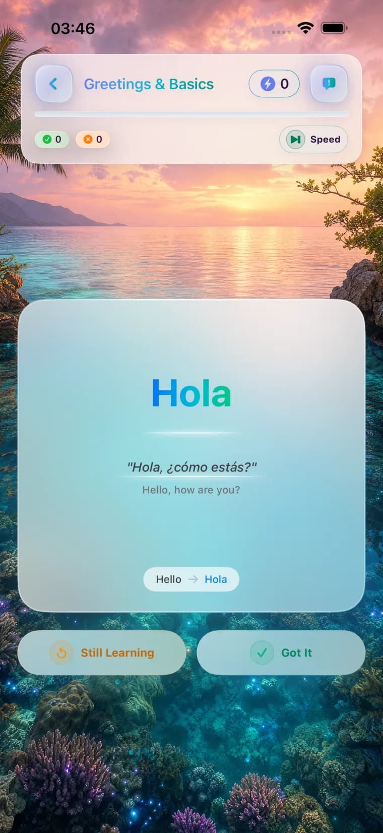 LumenLingo flashcard screen showing a revealed word and its translation
